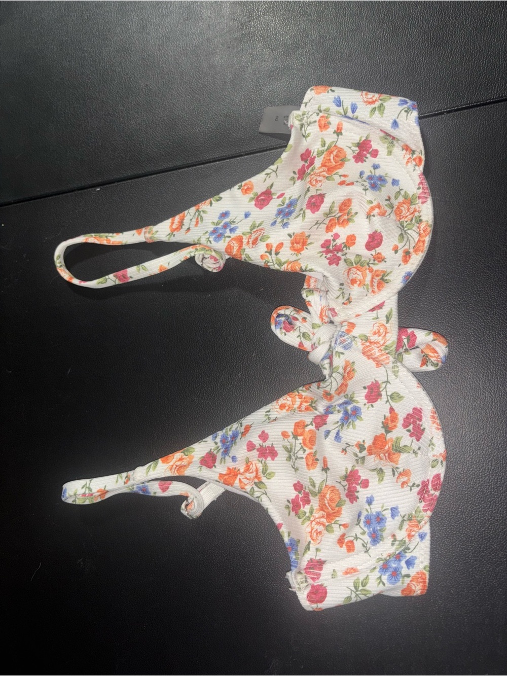 Floral Tie-Front White Bikini Top with Orange & Pink Blooms